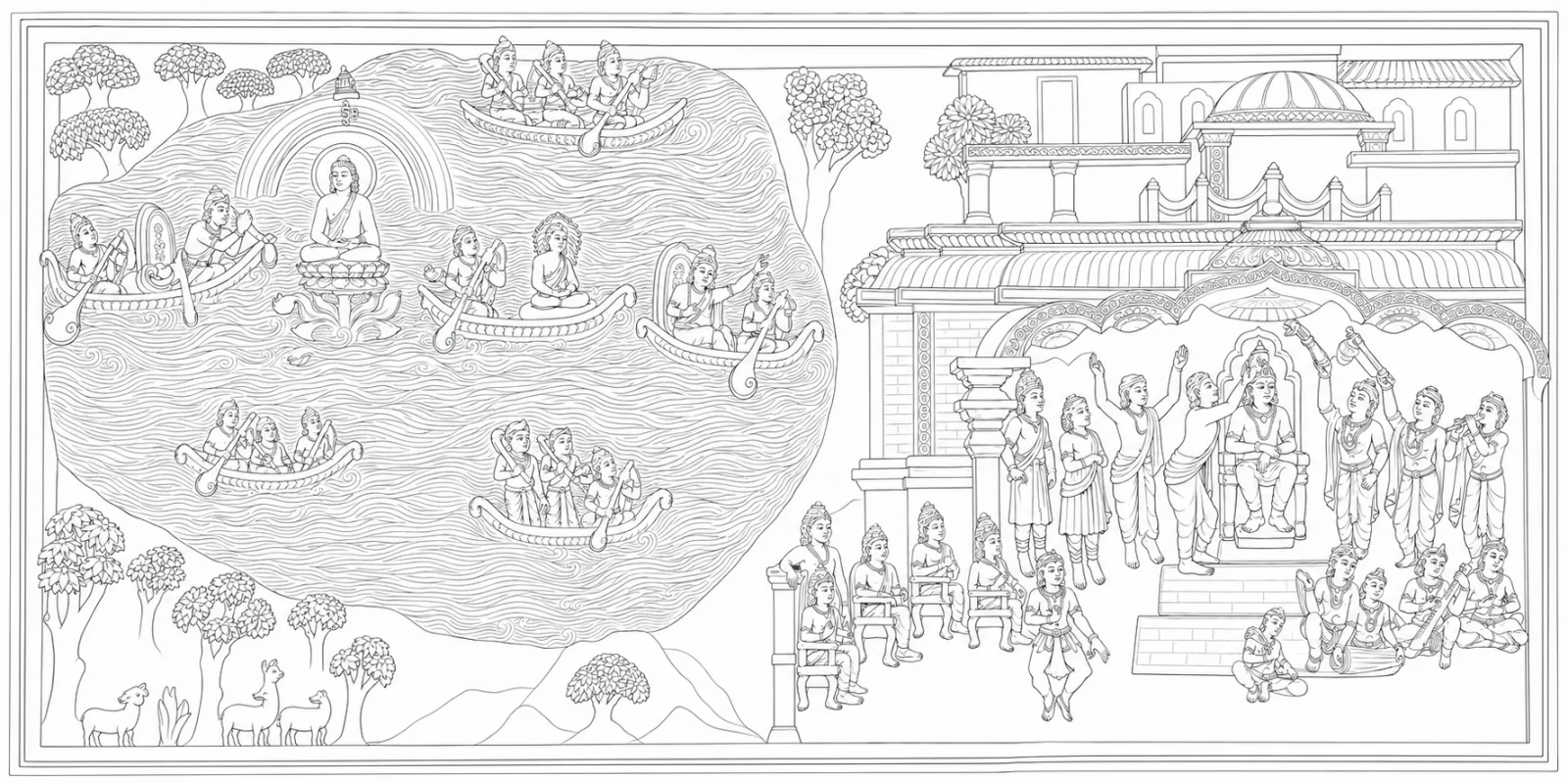 The miraculous lotus birth at Lake Dhanakosha and the palace of King Indrabhuti